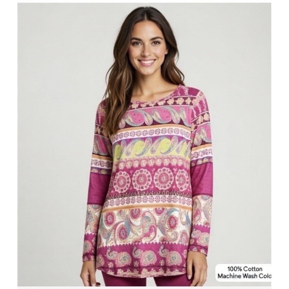 Sundance Cotton Boho Paisley Tunic Top - Pink Long Sleeve Festival Blouse‎
